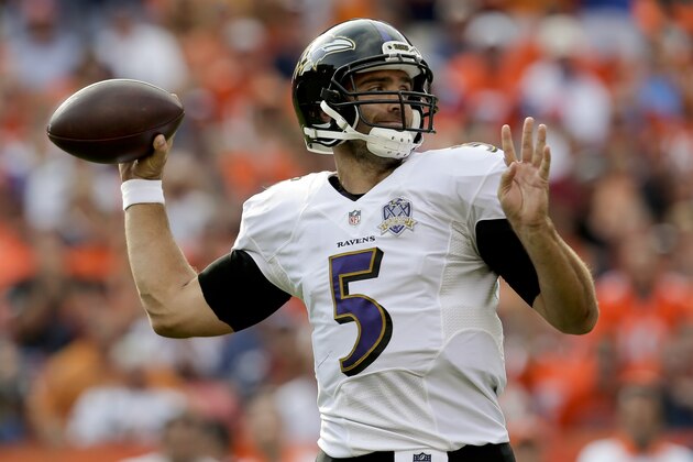 Baltimore Ravens quarterback Joe Flacco throws against the Denver Broncos during the second half of an NFL football game Sunday, Sept. 13, 2015, in Denver. (AP Photo/Joe Mahoney)