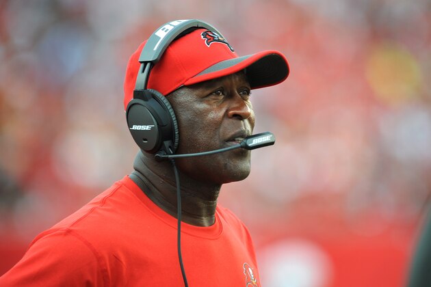 TAMPA, FL - SEPTEMBER 13: Head coach Lovie Smith of the Tampa Bay Buccaneers watches from the sideline against the Tennessee Titans at Raymond James Stadium on September 13, 2015 in Tampa, Florida. (Photo by Cliff McBride/Getty Images)
