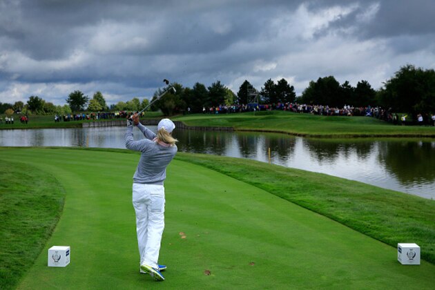 SANKT LEON-ROT, GERMANY - SEPTEMBER 19:  Suzann Pettersen of the European Team plays her tee shot on the 15th hole in her match with Charley Hull against Paula Creamer and Morgan Pressel of the United States during the morning foursomes matches in the 2015 Solheim Cup at St Leon-Rot Golf Club on September 19, 2015 in Sankt Leon-Rot, Germany.  (Photo by David Cannon/Getty Images)