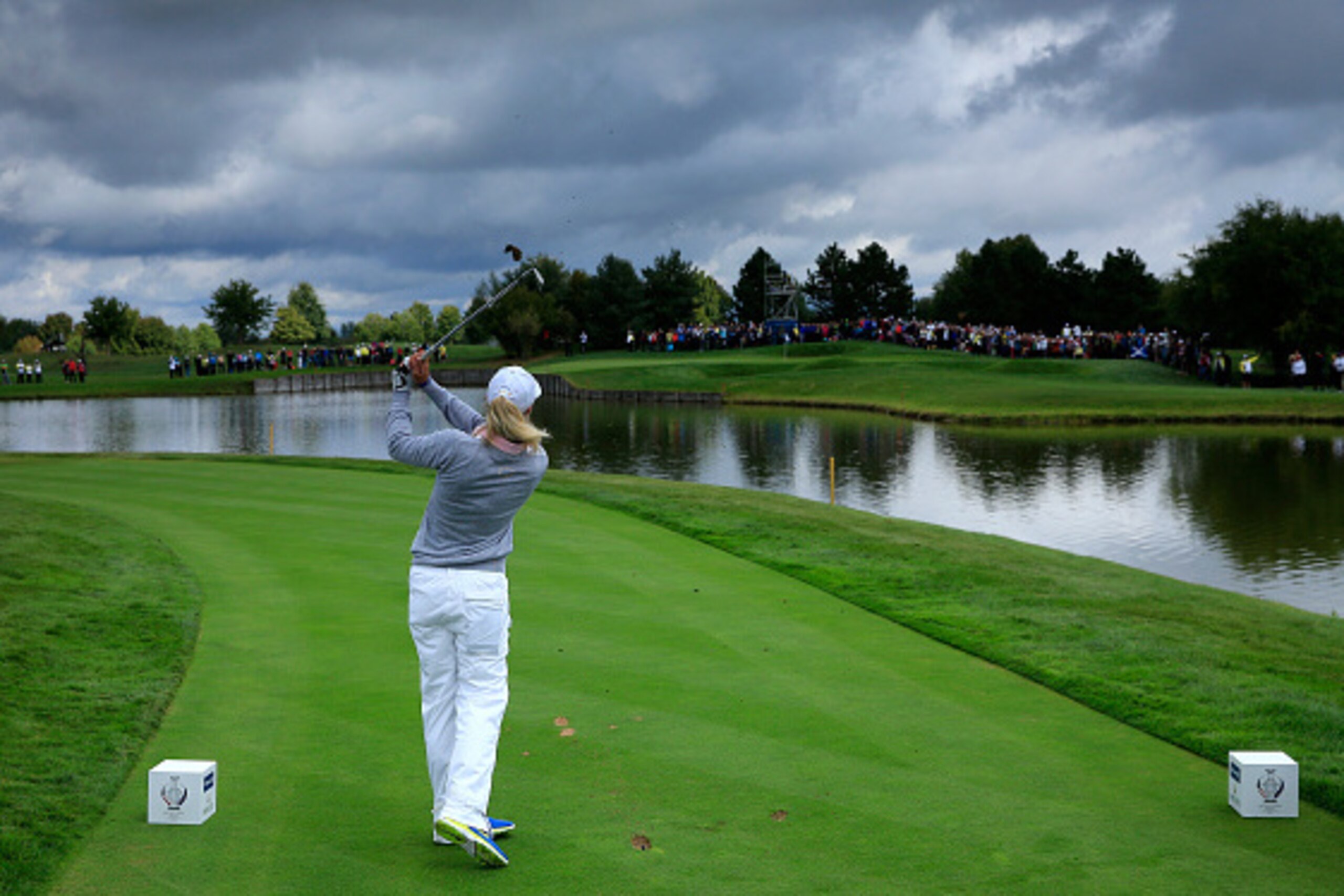 SANKT LEON-ROT, GERMANY - SEPTEMBER 19:  Suzann Pettersen of the European Team plays her tee shot on the 15th hole in her match with Charley Hull against Paula Creamer and Morgan Pressel of the United States during the morning foursomes matches in the 2015 Solheim Cup at St Leon-Rot Golf Club on September 19, 2015 in Sankt Leon-Rot, Germany.  (Photo by David Cannon/Getty Images)