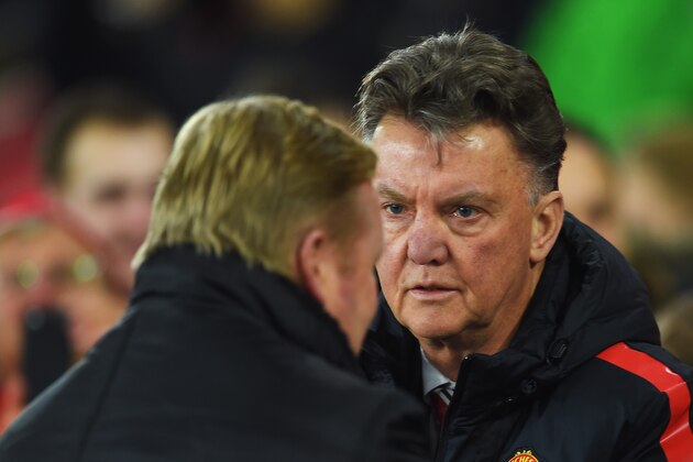 SOUTHAMPTON, ENGLAND - DECEMBER 08: Louis van Gaal (R), manager of Manchester United shakes hands with Ronald Koeman, manager of Southampton during the Barclays Premier League match between Southampton and Manchester United at St Mary's Stadium on December 8, 2014 in Southampton, England.  (Photo by Michael Regan/Getty Images)