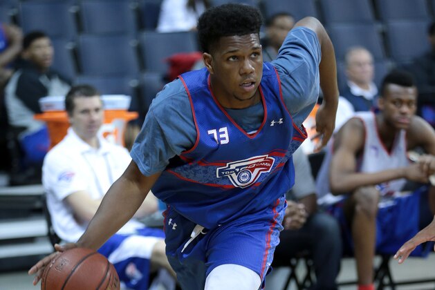 CHARLOTTESVILLE, VA - JUNE 18: Myles Powell #73 in blue drives to the basket during the NBPA Top 100 Camp on June 18, 2015 at John Paul Jones Arena in Charlottesville, Virginia. (Photo by Kelly Kline/Getty Images)