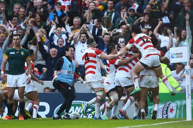 BRIGHTON, ENGLAND - SEPTEMBER 19:  Karne Hesketh of Japan (unseen) celebrates scoring he winning try during the 2015 Rugby World Cup Pool B match between South Africa and Japan at the Brighton Community Stadium on September 19, 2015 in Brighton, United Kingdom.  (Photo by Charlie Crowhurst/Getty Images)