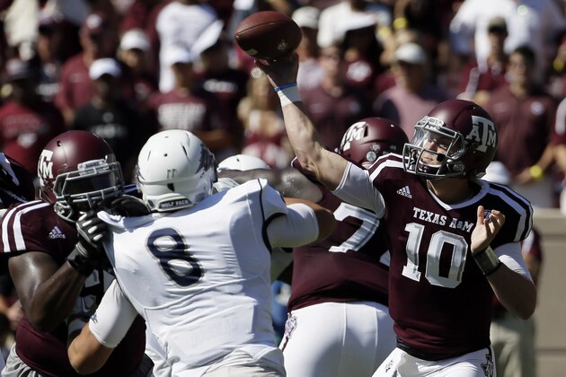 Texas A&M quarterback Kyle Allen (10) throws a pass against Nevada during the first half of an NCAA college football game Saturday, Sept. 19, 2015, in College Station, Texas. (AP Photo/David J. Phillip)