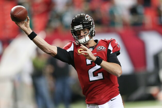 Atlanta Falcons quarterback Matt Ryan (2) warms up before during the first half of an NFL football game between the Atlanta Falcons and the Philadelphia Eagles, Monday, Sept. 14, 2015, in Atlanta. (AP Photo/John Bazemore)