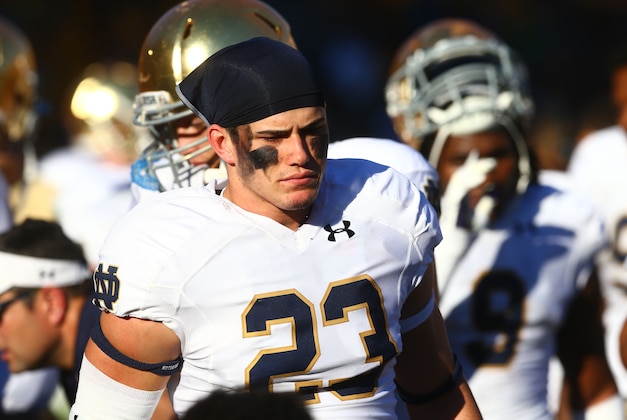 Nov 8, 2014; Tempe, AZ, USA; Notre Dame Fighting Irish safety Drue Tranquill (23) against the Arizona State Sun Devils at Sun Devil Stadium. Arizona State defeated Notre Dame 55-31. Mandatory Credit: Mark J. Rebilas-USA TODAY Sports