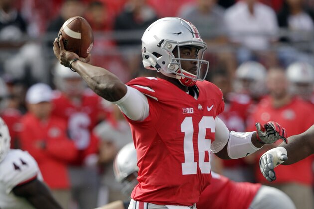 Ohio State quarterback J.T. Barrett throws a pass against Northern Illinois during the second quarter of an NCAA college football game Saturday, Sept. 19, 2015, in Columbus, Ohio. (AP Photo/Jay LaPrete)
