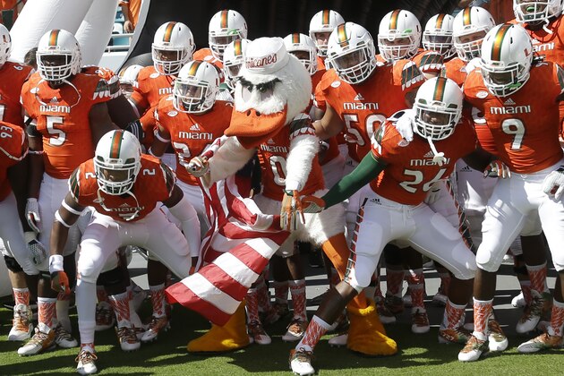Miami players prepare to take the field during introductions before the start of an NCAA college football game against Nebraska, Saturday, Sept. 19, 2015 in Miami Gardens, Fla. (AP Photo/Wilfredo Lee)
