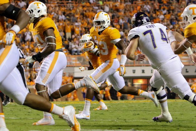 Sep 19, 2015; Knoxville, TN, USA; Tennessee Volunteers defensive back LaDarrell McNeil (33) returns an interception against the Western Carolina Catamounts during the first half at Neyland Stadium. Mandatory Credit: Randy Sartin-USA TODAY Sports