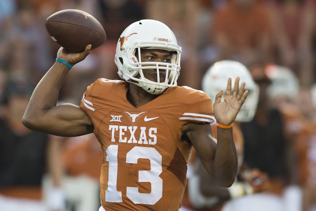 AUSTIN, TX - SEPTEMBER 19:  Jerrod Heard #13 of the Texas Longhorns drops back to pass against the California Golden Bears during the first quarter on September 19, 2015 at Darrell K Royal-Texas Memorial Stadium in Austin, Texas.  (Photo by Cooper Neill/Getty Images)