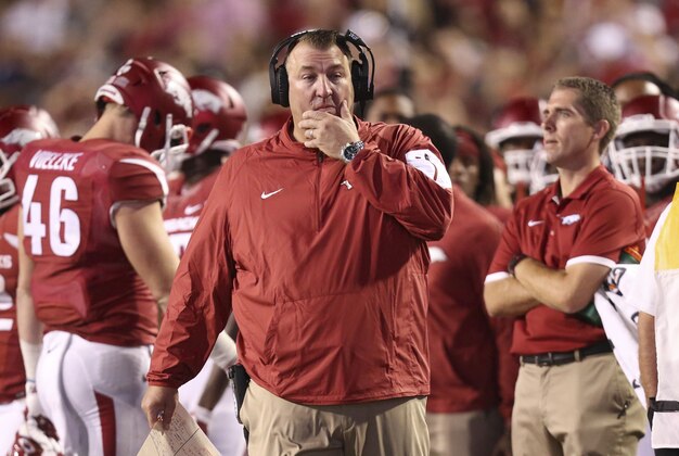 Sep 19, 2015; Fayetteville, AR, USA; Arkansas Razorbacks head coach Bret Bielema during the fourth quarter against the Texas Tech Red Raiders at Donald W. Reynolds Razorback Stadium. Texas Tech defeated Arkansas 35-24. Mandatory Credit: Nelson Chenault-USA TODAY Sports