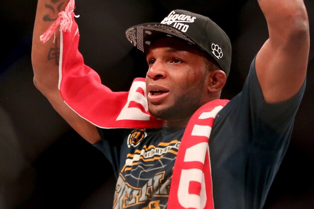 Paul Daley celebrates a win against Andre Santos during their fight at Bellator 134 on Friday, Feb. 27, 2015, in Uncasville, CT.  Daley won the fight via decision. (AP Photo/Gregory Payan)