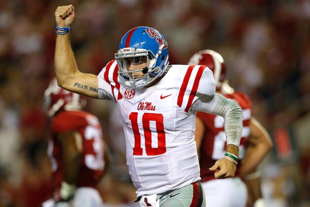 TUSCALOOSA, AL - SEPTEMBER 19:  Chad Kelly #10 of the Mississippi Rebels reacts after passing for a touchdown against the Alabama Crimson Tide at Bryant-Denny Stadium on September 19, 2015 in Tuscaloosa, Alabama.  (Photo by Kevin C. Cox/Getty Images)