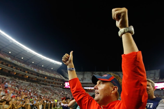 TUSCALOOSA, AL - SEPTEMBER 19:  Head coach Hugh Freeze of the Mississippi Rebels celebrates their 43-37 win over the Alabama Crimson Tide at Bryant-Denny Stadium on September 19, 2015 in Tuscaloosa, Alabama.  (Photo by Kevin C. Cox/Getty Images)
