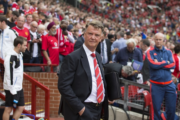 Manchester United's manager Louis van Gaal takes to the touchline before his team's English Premier League soccer match between Manchester United and Newcastle at Old Trafford Stadium, Manchester, England, Saturday, Aug. 22, 2015. (AP Photo/Jon Super)
