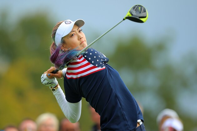 SANKT LEON-ROT, GERMANY - SEPTEMBER 20:  Michelle Wie of the United States Team takes a shot at the 2nd tee during the Sundays single matches in the 2015 Solheim Cup at St Leon-Rot Golf Club on September 20, 2015 in Sankt Leon-Rot, Germany.  (Photo by Thomas Niedermueller/Getty Images)