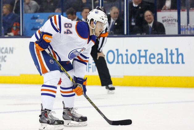 Mar 13, 2015; Columbus, OH, USA; Edmonton Oilers defenseman Oscar Klefbom (84) against the Columbus Blue Jackets at Nationwide Arena. The Blue Jackets won 5-4 in a shootout. Mandatory Credit: Aaron Doster-USA TODAY Sports