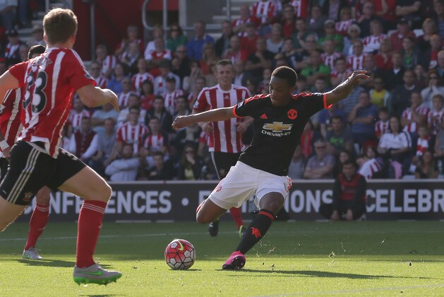 Manchester United’s Anthony Martial scores a goal during the English Premier League soccer match between Southampton and Manchester United at St Mary's Stadium in Southampton, England, Sunday, Sept. 20, 2015. (AP Photo/Tim Ireland)