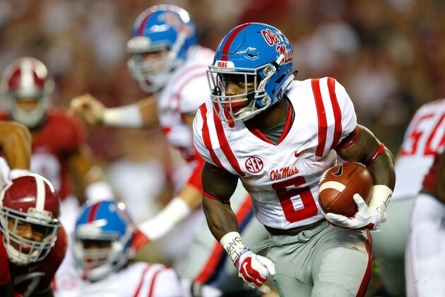 TUSCALOOSA, AL - SEPTEMBER 19:  Jaylen Walton #6 of the Mississippi Rebels rushes against the Alabama Crimson Tide at Bryant-Denny Stadium on September 19, 2015 in Tuscaloosa, Alabama.  (Photo by Kevin C. Cox/Getty Images)