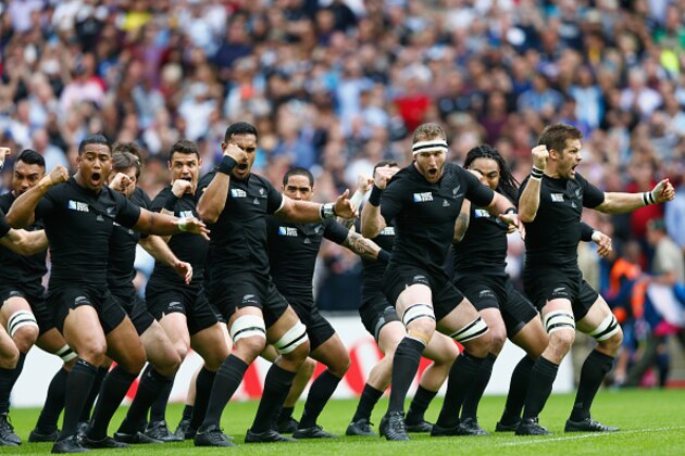 LONDON, ENGLAND - SEPTEMBER 20:  The All Blacks perform the haka during the 2015 Rugby World Cup Pool C match between New Zealand and Argentina at Wembley Stadium on September 20, 2015 in London, United Kingdom.  (Photo by Phil Walter/Getty Images)
