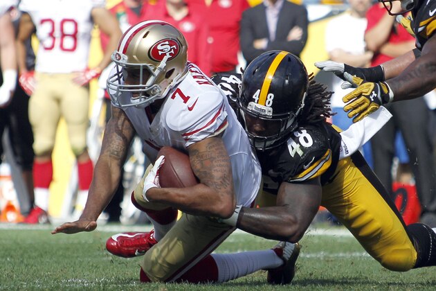 PITTSBURGH, PA - SEPTEMBER 20:  Bud Dupree #48 of the Pittsburgh Steelers sacks Colin Kaepernick #7 of the San Francisco 49ers in the second half during the game on September 20, 2015 at Heinz Field in Pittsburgh, Pennsylvania.  (Photo by Justin K. Aller/Getty Images)