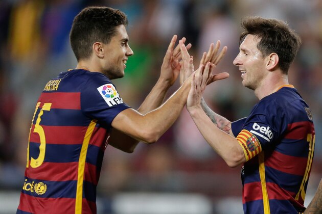 (L-R) Marc Bartra of FC Barcelona, Lionel Messi of FC Barcelona during the Primera Division match between FC Barcelona and Levante UD on September 20, 2015 at Camp Nou stadium in Barcelona, Spain.(Photo by VI Images via Getty Images) (L-R) Marc Bartra of FC Barcelona, Lionel Messi of FC Barcelona during the Primera Division match between FC Barcelona and Levante UD on September 20, 2015 at Camp Nou stadium in Barcelona, Spain.(Photo by VI Images via Getty Images)
