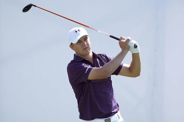 Jordan Spieth watches his tee shot on the first hole during the final round of the BMW Championship golf tournament at Conway Farms Golf Club, Sunday, Sept. 20, 2015, in Lake Forest, Ill. (AP Photo/Charles Rex Arbogast)