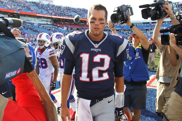 New England Patriots quarterback Tom Brady (12) leaves the field after an NFL football game Sunday, Sept. 20, 2015, in Orchard Park, N.Y. The Patriots won the game 40-32. (AP Photo/Bill Wippert)