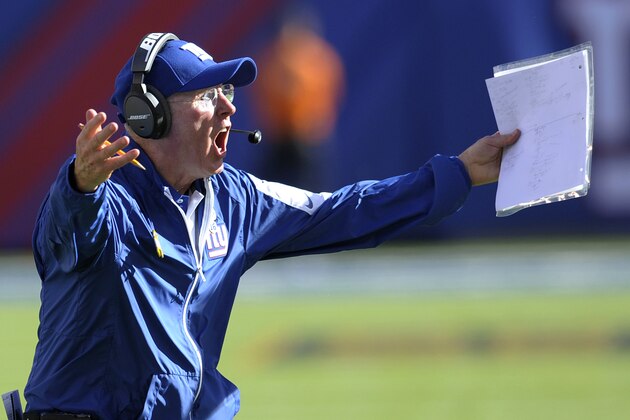 New York Giants head coach Tom Coughlin reacts during the second half of an NFL football game against the Atlanta Falcons, Sunday, Sept. 20, 2015, in East Rutherford, N.J. The Falcons won 24-20. (AP Photo/Bill Kostroun)