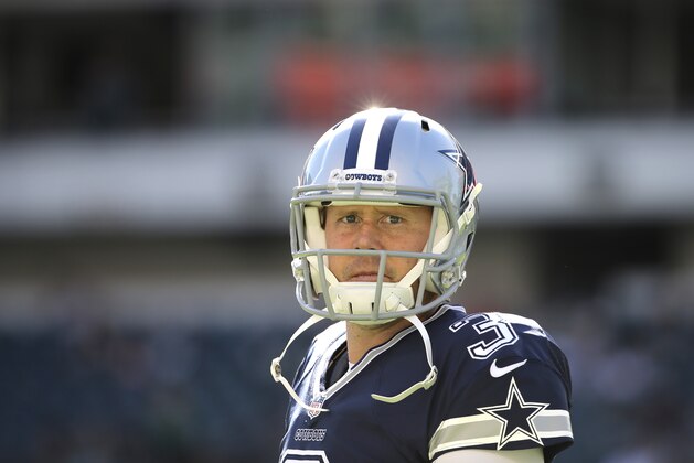 Dallas Cowboys' Brandon Weeden walks the field before an NFL football game against the Philadelphia Eagles, Sunday, Sept. 20, 2015, in Philadelphia. (AP Photo/Matt Rourke)