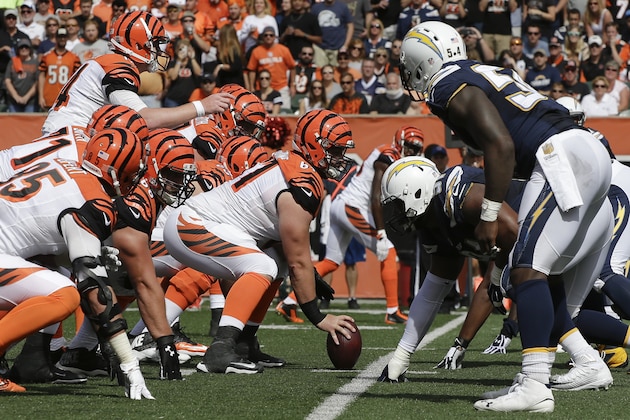 The Cincinnati Bengals set up on the line of scrimmage against the San Diego Chargers in the second half of an NFL football game, Sunday, Sept. 20, 2015, in Cincinnati. (AP Photo/Darron Cummings)
