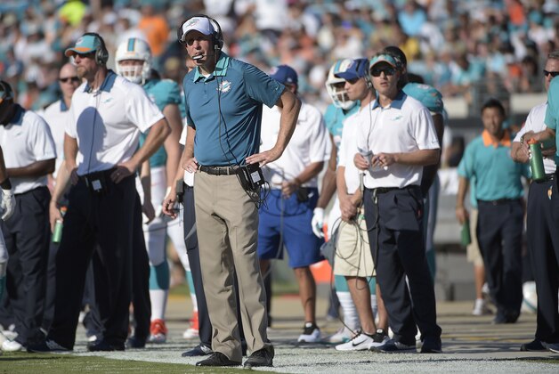 Miami Dolphins head coach Joe Philbin watches play against the Jacksonville Jaguars during the first half of an NFL football game, Sunday, Sept. 20, 2015, in Jacksonville, Fla. (AP Photo/Phelan M. Ebenhack)