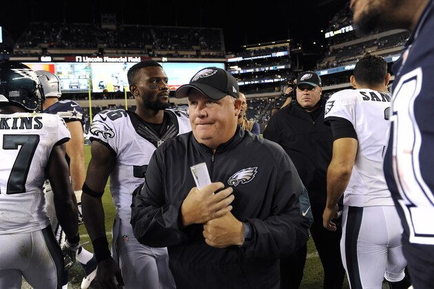 Philadelphia Eagles head coach Chip Kelly walks of the field after an NFL football game against the Dallas Cowboys, Sunday, Sept. 20, 2015, in Philadelphia. Dallas won 20-10. (AP Photo/Michael Perez)