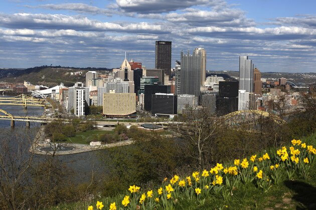 Daffodils grow on Mount Washington overlooking the skyline of downtown Pittsburgh, at the confluence of the Monongahela River, right, Allegheny River, left, to form the Ohio River, Sunday, April 26, 2015. (AP Photo/Gene J. Puskar)