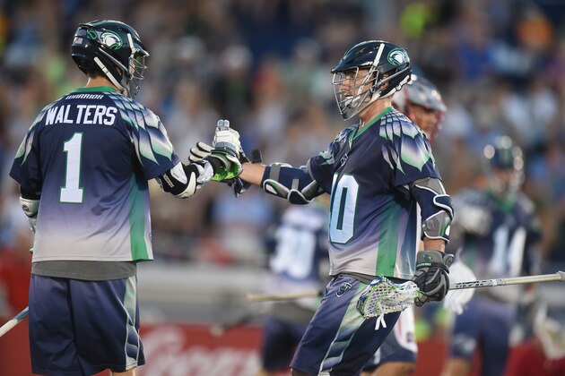 ANNAPOLIS, MD - JULY 16:  Joe Walters #1 and Matt Danowski #40 celebrate a goal in the second period during a MLL Lacrosse game against the Boston Cannons at Navy-Marine Corps Memorial Stadium on July 16, 2015 in Annapolis, Maryland.  (Photo by Mitchell Layton/Getty Images)