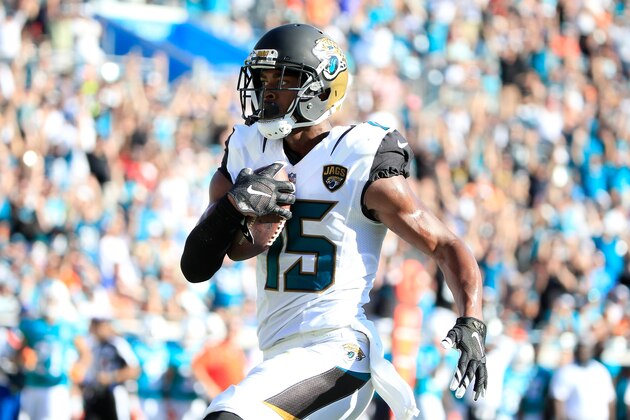 JACKSONVILLE, FL - SEPTEMBER 20:  Allen Robinson #15 of the Jacksonville Jaguars crosses the goal line for a touchdown during the game against the Miami Dolphins at EverBank Field on September 20, 2015 in Jacksonville, Florida.  (Photo by Sam Greenwood/Getty Images)