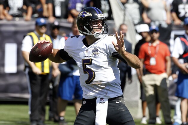 Baltimore Ravens quarterback Joe Flacco in action against the Oakland Raiders during an NFL football game Sunday, Sept. 20, 2015, in Oakland , Calif. (AP Photo/Tony Avelar)