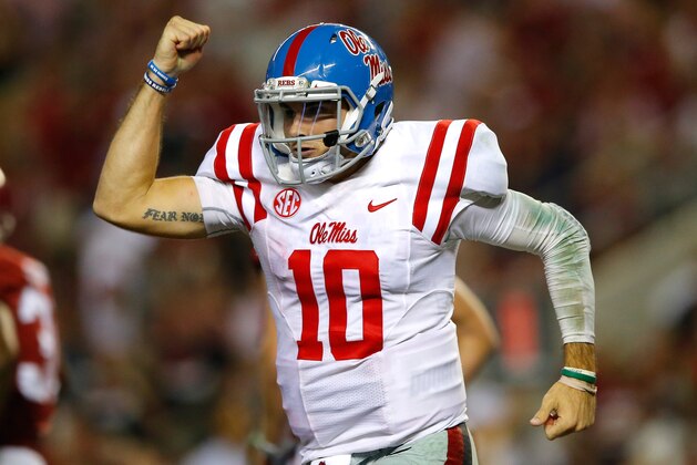 TUSCALOOSA, AL - SEPTEMBER 19:  Chad Kelly #10 of the Mississippi Rebels reacts after passing for a touchdown against the Alabama Crimson Tide at Bryant-Denny Stadium on September 19, 2015 in Tuscaloosa, Alabama.  (Photo by Kevin C. Cox/Getty Images)