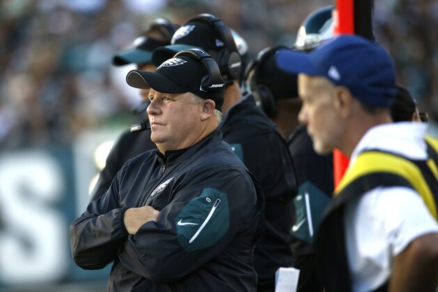 Philadelphia Eagles head coach Chip Kelly walks the sidelines during the first half of an NFL football game against the Dallas Cowboys, Sunday, Sept. 20, 2015, in Philadelphia. (AP Photo/Michael Perez)