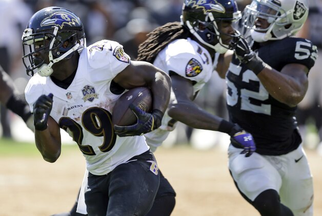 Baltimore Ravens running back Justin Forsett (29) runs past Oakland Raiders defensive end Khalil Mack (52) during the first half of an NFL football game Sunday, Sept. 20, 2015, in Oakland , Calif. (AP Photo/Ben Margot)