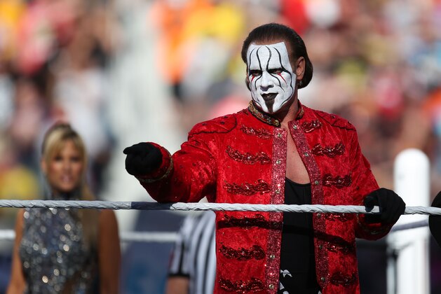 IMAGE DISTRIBUTED FOR WWE - WWE Superstar Sting makes his first ever WrestleMania appearance at Levi’s Stadium on Sunday, March 29, 2015 in Santa Clara, CA. WrestleMania broke the Levi’s Stadium attendance record at 76,976 fans from all 50 states and 40 countries. (Don Feria/AP Images for WWE)