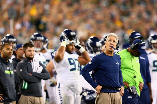 GREEN BAY, WI - SEPTEMBER 20: Head coach Pete Carroll of the Seattle Seahawks looks on during the second half against the Green Bay Packers at Lambeau Field on September 20, 2015 in Green Bay, Wisconsin. (Photo by Maddie Meyer/Getty Images) GREEN BAY, WI - SEPTEMBER 20: Head coach Pete Carroll of the Seattle Seahawks looks on during the second half against the Green Bay Packers at Lambeau Field on September 20, 2015 in Green Bay, Wisconsin. (Photo by Maddie Meyer/Getty Images)