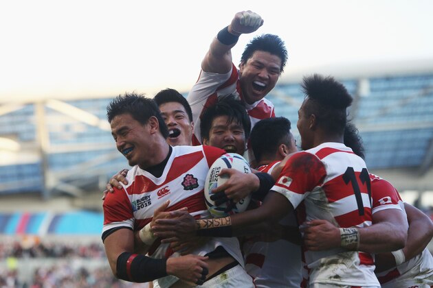 BRIGHTON, ENGLAND - SEPTEMBER 19:  Ayumu Goromaru of Japan ceelbrates scoring the second try during the 2015 Rugby World Cup Pool B match between South Africa and Japan at the Brighton Community Stadium on September 19, 2015 in Brighton, United Kingdom.  (Photo by Charlie Crowhurst/Getty Images)