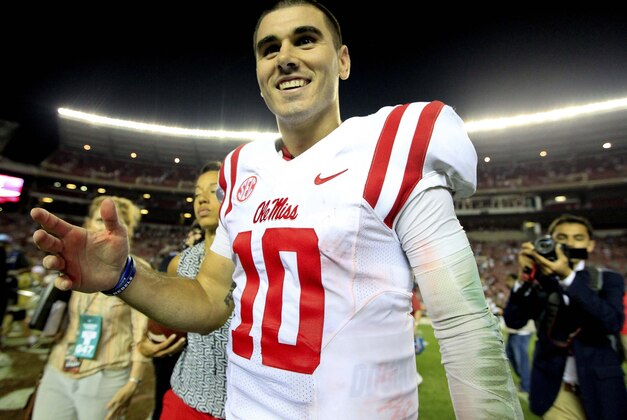 Sep 19, 2015; Tuscaloosa, AL, USA; Mississippi Rebels quarterback Chad Kelly (10) celebrates after defeating the Alabama Crimson Tide at Bryant-Denny Stadium. The Rebels defeated the Tide 43-37. Mandatory Credit: Marvin Gentry-USA TODAY Sports