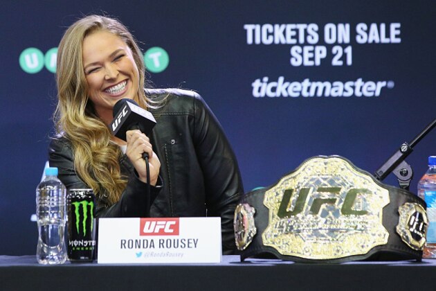 MELBOURNE, AUSTRALIA - SEPTEMBER 16:  Ronda Rousey, UFC Women's Bantamweight Champion, reacts during the UFC 193 media event at Etihad Stadium on September 16, 2015 in Melbourne, Australia.  (Photo by Michael Dodge/Zuffa LLC/Zuffa LLC via Getty Images)