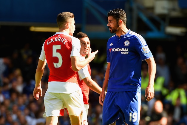 LONDON, ENGLAND - SEPTEMBER 19:  Gabriel of Arsenal and Diego Costa of Chelsea argue during the Barclays Premier League match between Chelsea and Arsenal at Stamford Bridge on September 19, 2015 in London, United Kingdom.  (Photo by Ross Kinnaird/Getty Images)