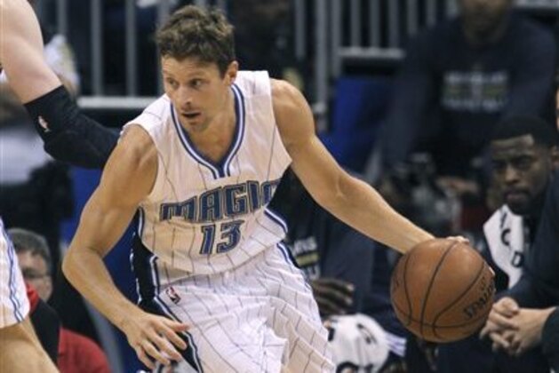 FILE - In this Feb. 20, 2015, file photoo, Orlando Magic guard Luke Ridnour dribbles the ball during the first half of an NBA basketball game against the New Orleans Pelicans  in Orlando, Fla.  A person familiar with the deal says Magic have agreed to send Ridnour to the Memphis Grizzlies in exchange for the rights to forward Janis Timma. The person spoke to The Associated Press on Wednesday, June 24, 2014, on the condition of anonymity because the deal has not officially been announced.  (AP Photo/Reinhold Matay, File)