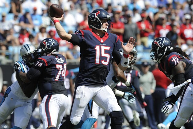 Houston Texans' Ryan Mallett (15) looks to pass against the Carolina Panthers during the first half of an NFL football game in Charlotte, N.C., Sunday, Sept. 20, 2015. (AP Photo/Mike McCarn)