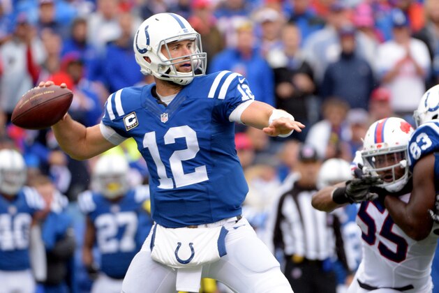 Indianapolis Colts quarterback Andrew Luck looks to pass downfield against the Buffalo Bills during the second half of an NFL football game on Sunday, Sept. 13, 2015, in Orchard Park, N.Y. Buffalo won 27-14. (AP Photo/Gary Wiepert)