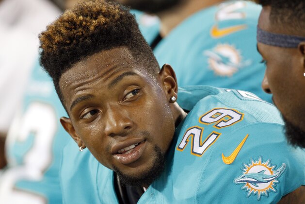 Miami Dolphins' Will Davis (29) on the bench against the Carolina Panthers during the second half of an NFL preseason football game Saturday, Aug. 22, 2015, in Charlotte, N.C. The Panthers won 31-30. (AP Photo/Bob Leverone)